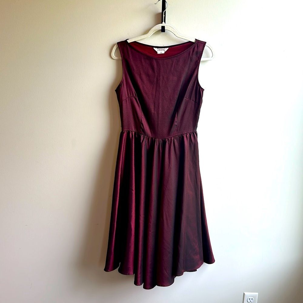 Chic Star Maroon Sleeveless A-Line High Neckline Knee Length Satin Dress 38/8